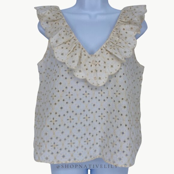 Sézane Women's Eyelet Ruffle V-Neck Gold Blouse Tank | 38 (US 6) | Ecru (Cream) - Picture 7 of 12